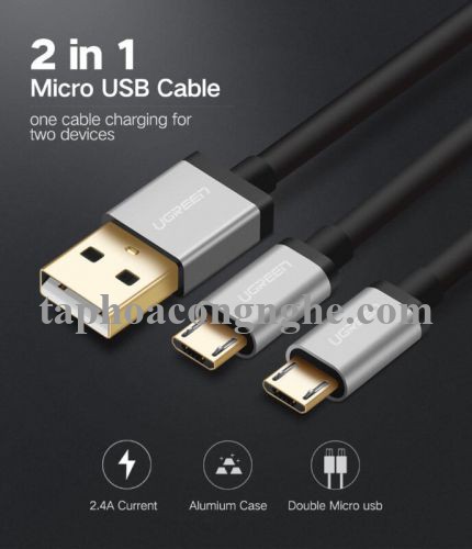 Ugreen 40347 0.5M màu Đen Cáp sạc truyền dữ liệu USB 2.0 sang 2 đầu MICRO USB cao cấp US196 30040347